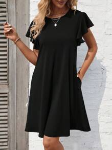 SHEIN LUNE Solid Butterfly Sleeve Tee Dress - Black - View 4