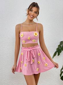 SHEIN VCAY Floral Appliques Cami Top & Paperbag Waist Belted Skirt - Pink - View 6