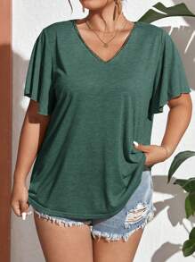 SHEIN Frenchy Hơn Chất rắn áo tay bướm Áo thun - màu xanh lá - Xem 4