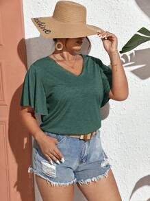 SHEIN Frenchy Hơn Chất rắn áo tay bướm Áo thun - màu xanh lá - Xem 5