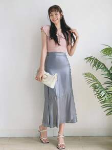 DAZY Solid Button Detail Ruffle Hem Skirt - Grey - View 11
