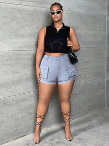 SHEIN SXY 大碼側翻蓋口袋工裝短褲 - 深灰色 - 查看 5