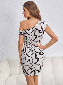 SHEIN Privé Allover Print One Shoulder Knot Front Dress - Black and White - View 2