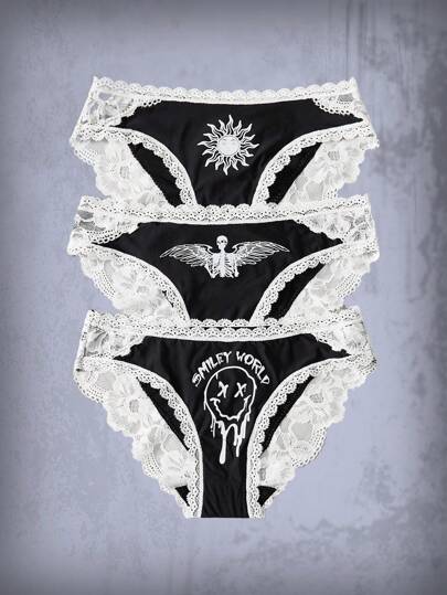 Goth 3pack Skull & Cartoon Graphic Contrast Lace Panty Set