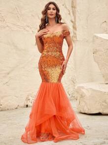 一字肩網紗拼接魚尾裙下擺亮片正式洋裝 - 橘色 - 查看 4