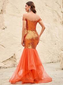 一字肩網紗拼接魚尾裙下擺亮片正式洋裝 - 橘色 - 查看 2