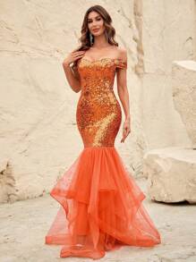 一字肩網紗拼接魚尾裙下擺亮片正式洋裝 - 橘色 - 查看 3