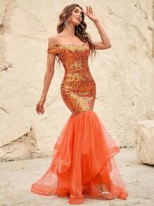 一字肩網紗拼接魚尾裙下擺亮片正式洋裝 - 橘色 - 查看 1