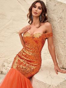 一字肩網紗拼接魚尾裙下擺亮片正式洋裝 - 橘色 - 查看 5