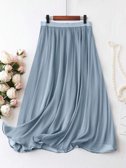 SHEIN LUNE Plus Solid Elastic Waist Flare Skirt Maxi Women Outfit