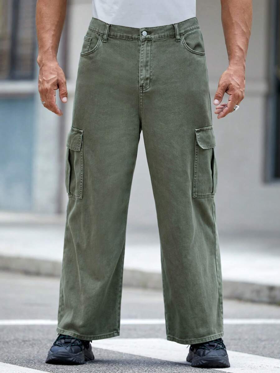 Manfinity VCAY 男士大码側翻蓋口袋工裝牛仔褲 - 軍綠色 - 查看 1