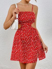 SHEIN VCAY 碎花腰部鏤空下擺開叉吊帶連衣裙 - 紅色 - 查看 3