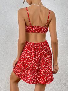 SHEIN VCAY 碎花腰部鏤空下擺開叉吊帶連衣裙 - 紅色 - 查看 2