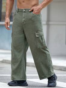 Manfinity VCAY 男士大码側翻蓋口袋工裝牛仔褲 - 軍綠色 - 查看 5