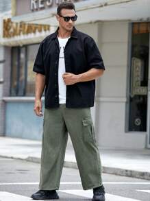 Manfinity VCAY 男士大码側翻蓋口袋工裝牛仔褲 - 軍綠色 - 查看 6