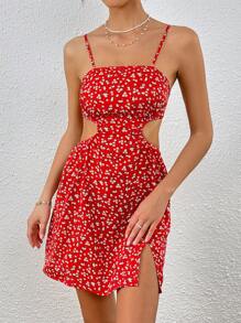 SHEIN VCAY 碎花腰部鏤空下擺開叉吊帶連衣裙 - 紅色 - 查看 1