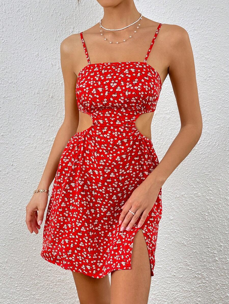 SHEIN VCAY 碎花腰部鏤空下擺開叉吊帶連衣裙 - 紅色 - 查看 1