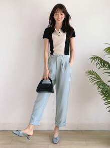 DAZY Áo thun nữ Gân đan Nút phía trước Khối Màu Giải trí - Đen và trắng - Xem 8