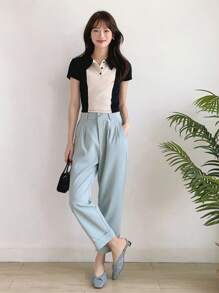 DAZY Áo thun nữ Gân đan Nút phía trước Khối Màu Giải trí - Đen và trắng - Xem 9