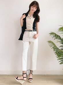 DAZY Áo thun nữ Gân đan Nút phía trước Khối Màu Giải trí - Đen và trắng - Xem 11