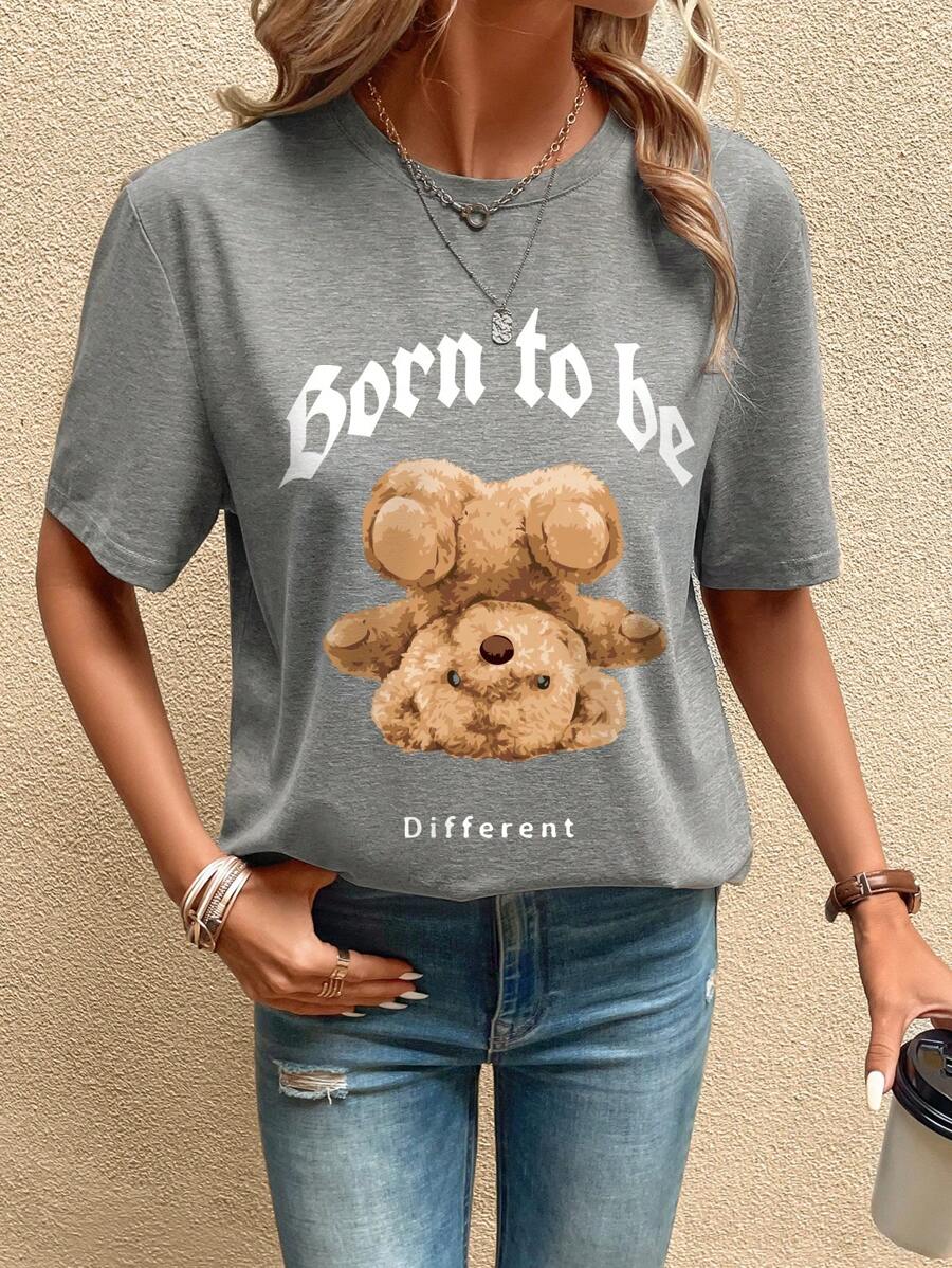 SHEIN LUNE 熊和字母圖案T恤 - 淺灰色 - 查看 1