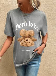 SHEIN LUNE 熊和字母圖案T恤 - 淺灰色 - 查看 4