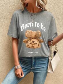 SHEIN LUNE 熊和字母圖案T恤 - 淺灰色 - 查看 5