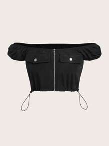 SHEIN ICON Áo sơ mi nữ Dây kéo Xù màu trơn Giải trí - màu đen - Xem 2