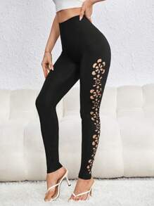 SHEIN Privé 鏤空緊身打底褲 - 黑色 - 查看 1