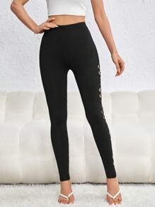 SHEIN Privé 鏤空緊身打底褲 - 黑色 - 查看 4