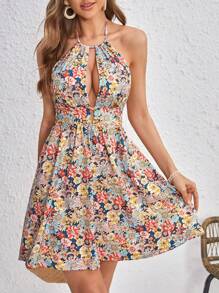 SHEIN VCAY 印花前鏤空繞頸露背洋裝 - 彩色 - 查看 4