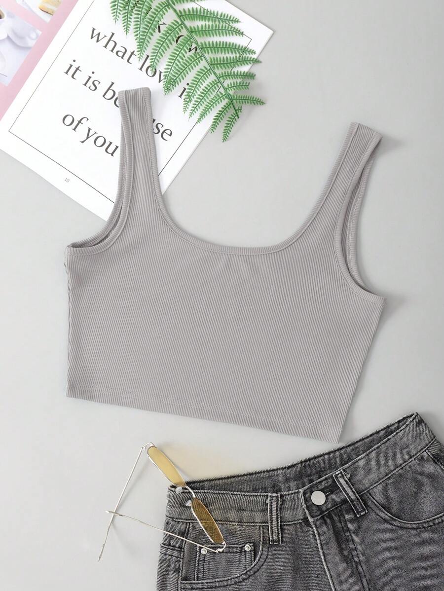 SHEIN EZwear Solid Crop Tank Top - Light Grey - View 1