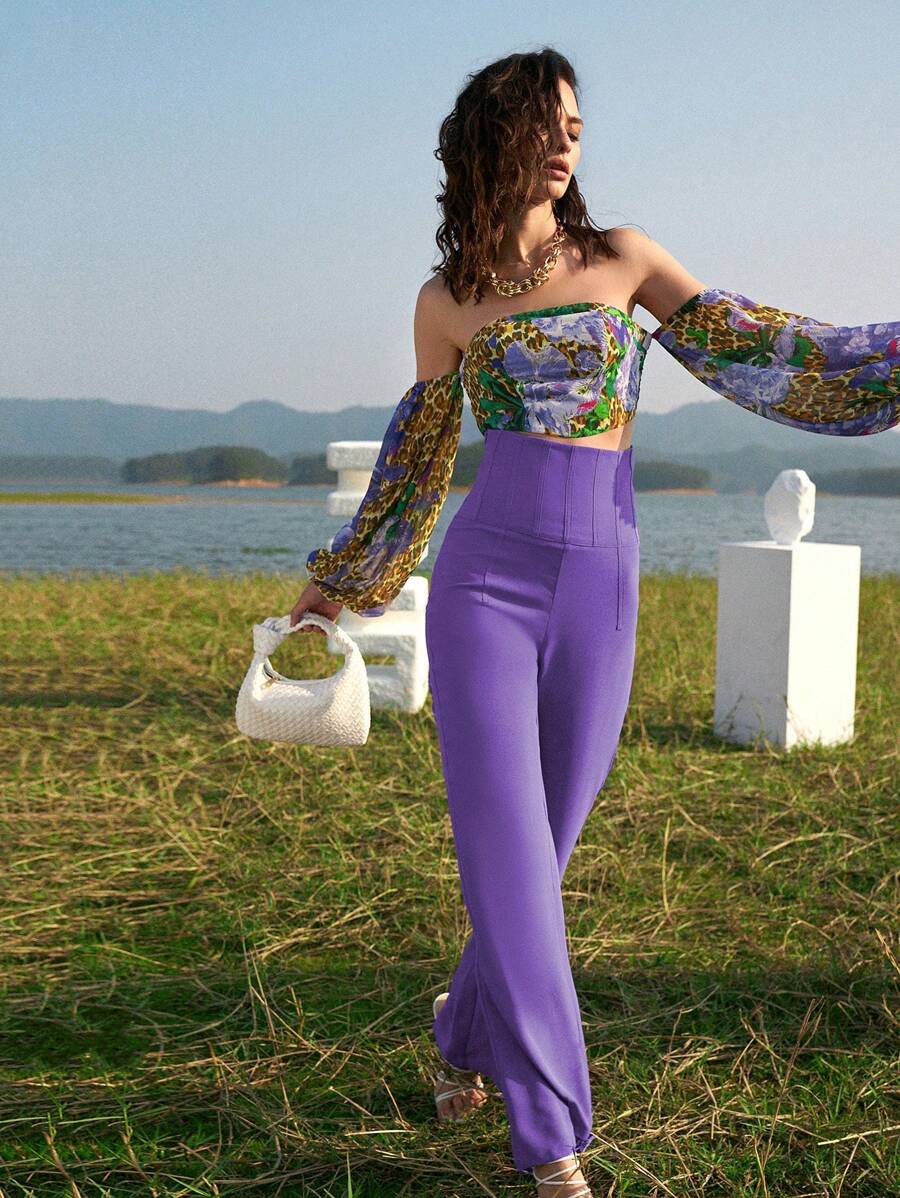 SHEIN Privé High Waist Solid Trousers - Violet Purple - View 1