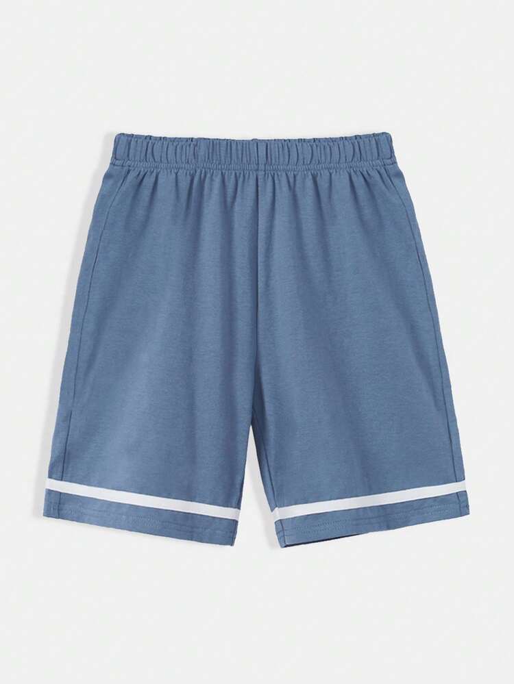 SHEIN Boys' Summer Casual Blue Colorblock Rolled Hem Short Sleeve T-shirt And Shorts 2pcs/set - Dusty Blue - View 11