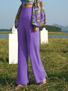 SHEIN Privé High Waist Solid Trousers - Violet Purple - View 3