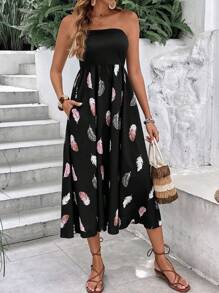 SHEIN VCAY 羽毛印花抹胸連衣裙 - 黑色 - 查看 3