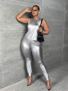 SHEIN SXY 大碼素色背心上衣和緊身打底褲 - 銀色 - 查看 4