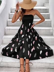 SHEIN VCAY 羽毛印花抹胸連衣裙 - 黑色 - 查看 5