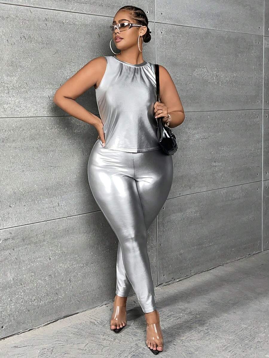 SHEIN SXY 大碼素色背心上衣和緊身打底褲 - 銀色 - 查看 1