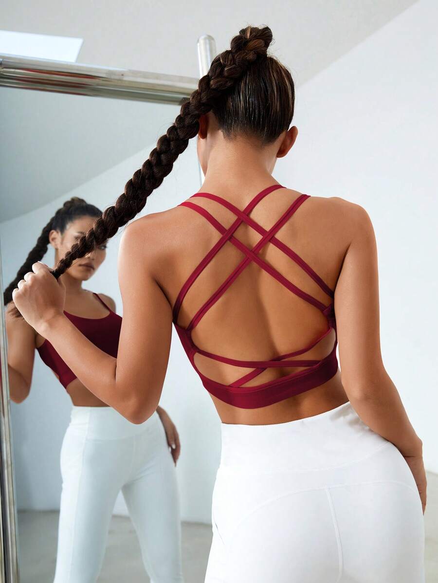 Easithlete Áo ngực thể thao hở lưng Crisscross cho Tết Nguyên Đán - Màu Đỏ Sâu - Xem 1