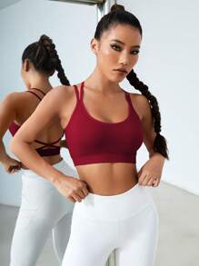 Easithlete Áo ngực thể thao hở lưng Crisscross cho Tết Nguyên Đán - Màu Đỏ Sâu - Xem 5