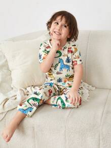 SHEIN 男童樂趣卡通動物圖案短袖T恤和長款長褲家庭穿戴適合夏天