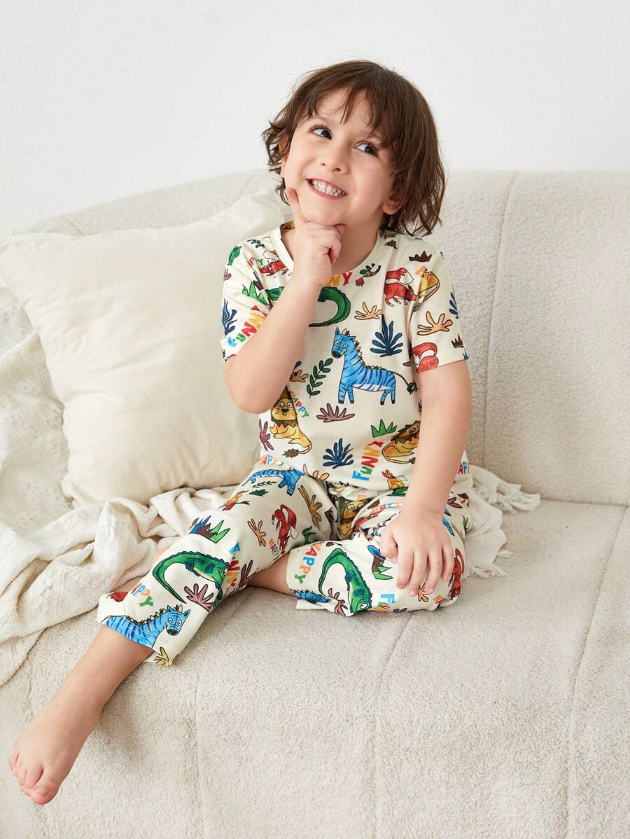 SHEIN 男童樂趣卡通動物圖案短袖T恤和長款長褲家庭穿戴適合夏天