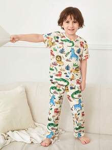 SHEIN 男童樂趣卡通動物圖案短袖T恤和長款長褲家庭穿戴適合夏天