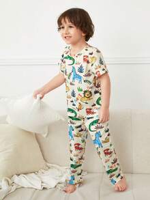 SHEIN 男童樂趣卡通動物圖案短袖T恤和長款長褲家庭穿戴適合夏天