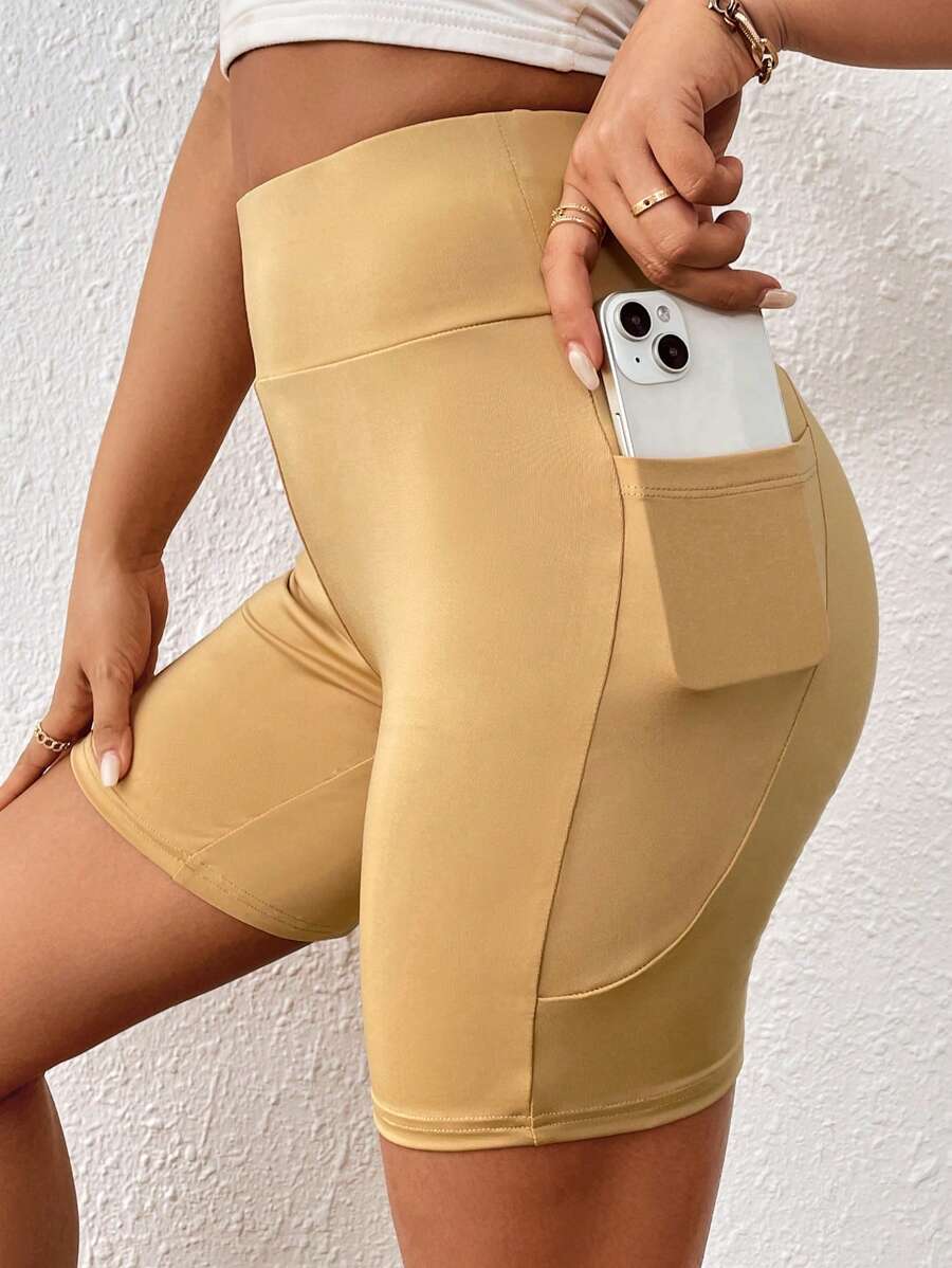 SHEIN PETITE Thắt lưng băng rộng Quần short đi xe Có túi điện thoại - Màu Khaki - Xem 1