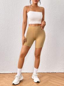 SHEIN PETITE Thắt lưng băng rộng Quần short đi xe Có túi điện thoại - Màu Khaki - Xem 4