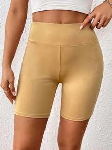 SHEIN PETITE Thắt lưng băng rộng Quần short đi xe Có túi điện thoại - Màu Khaki - Xem 5