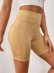 SHEIN PETITE Thắt lưng băng rộng Quần short đi xe Có túi điện thoại - Màu Khaki - Xem 6