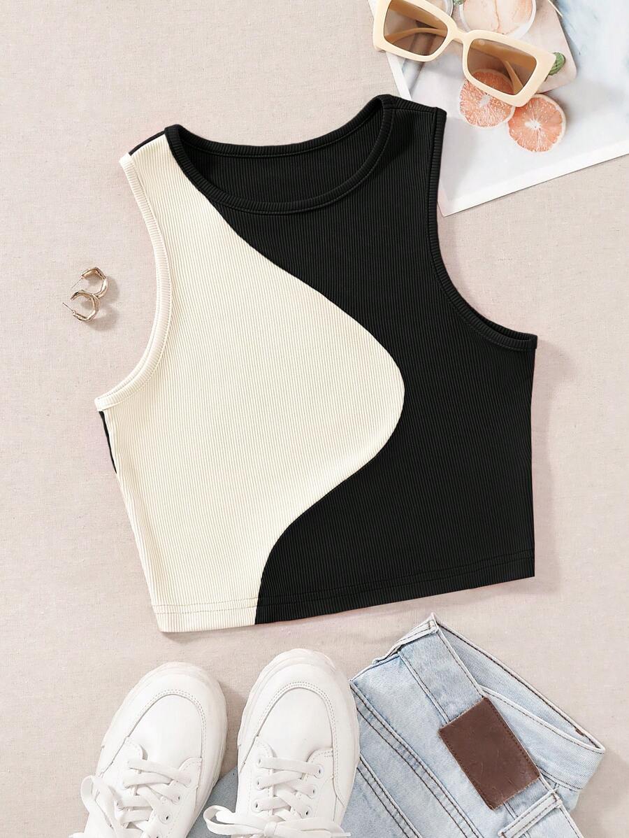 SHEIN EZwear Plus Two Tone Tank Top, Summer - Black - View 1